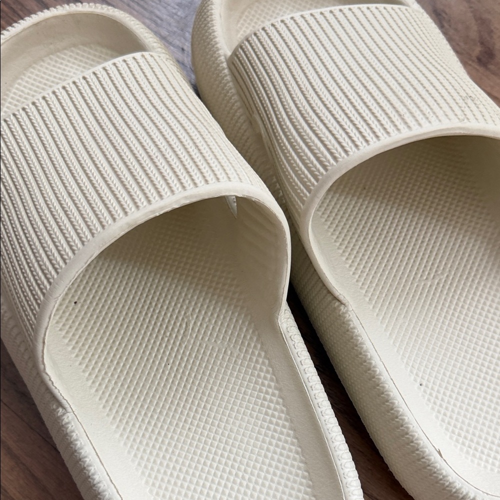 Cream Ribbed Slide Sandals - Picture 2 of 3